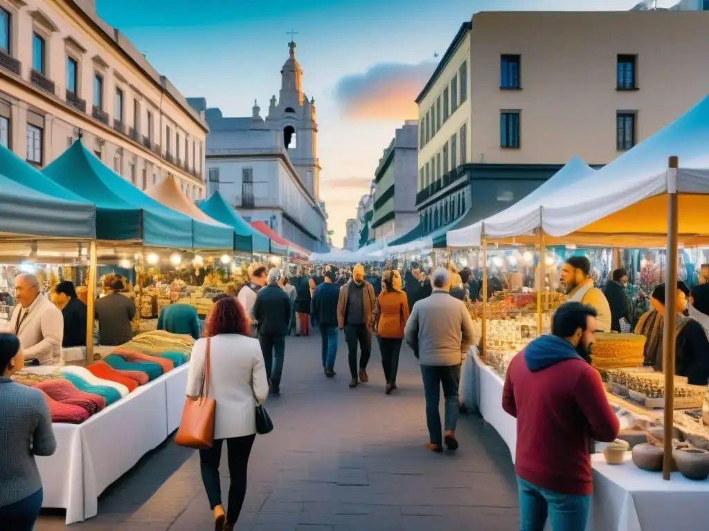 Vibrante mercado de arte en Montevideo, Uruguay, con puestos coloridos y productos únicos