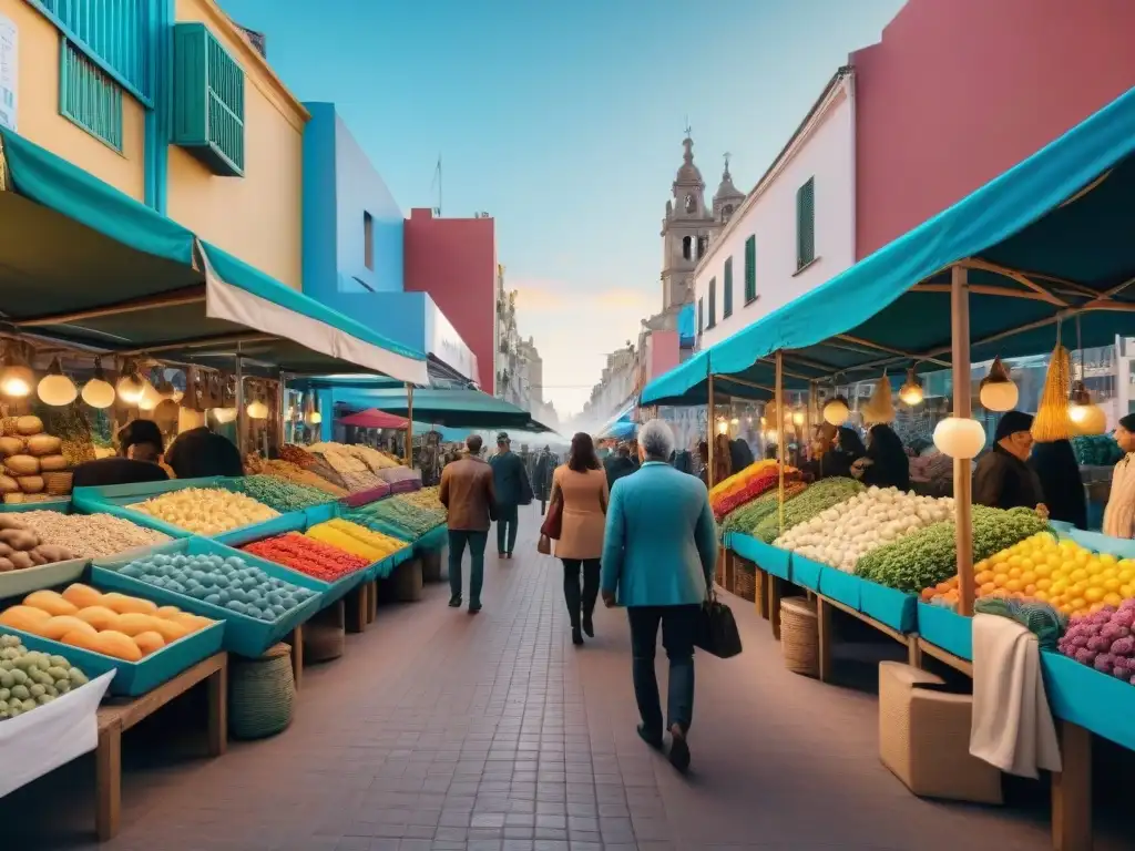 Un vibrante mercado callejero en Montevideo, Uruguay, exhibiendo arte contemporáneo uruguayo