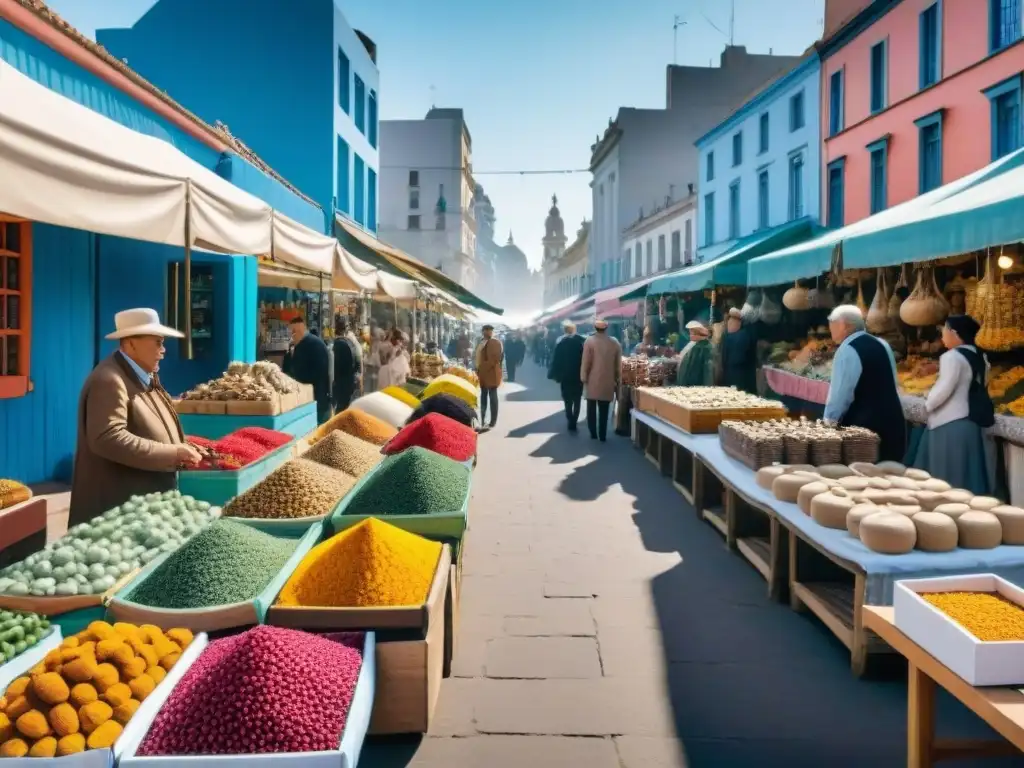 Vibrante mercado callejero en Montevideo, Uruguay, con souvenirs de arte contemporáneo