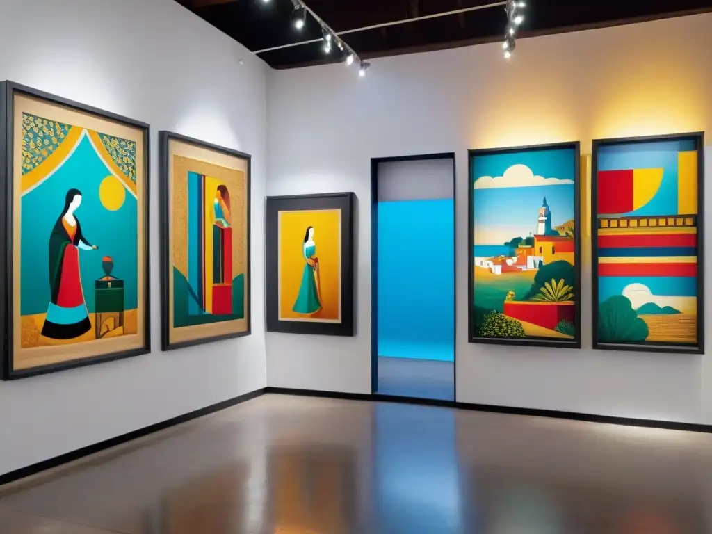 Explora el vibrante mercado global arte contemporáneo Uruguay, con obras coloridas y expresiones de admiración y contemplación