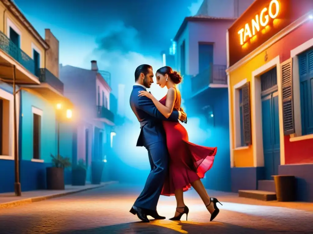 Una ilustración vibrante y moderna que muestra la historia y evolución del tango uruguayo, fusionando elementos tradicionales con neones y paisajes futuristas