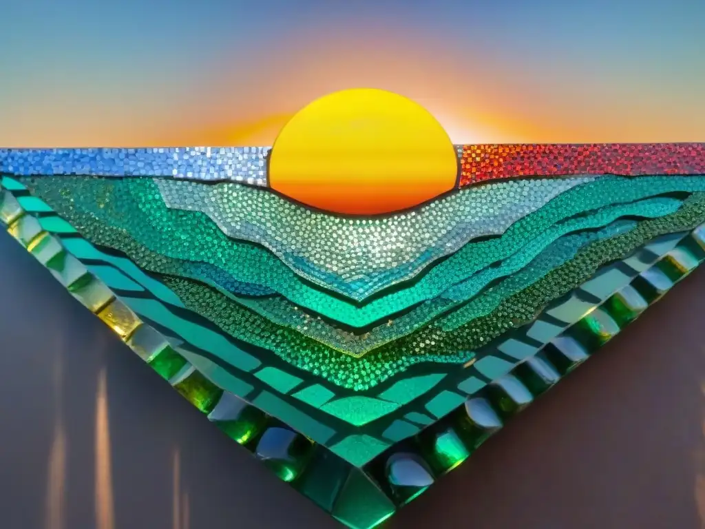 Vibrante mosaico de arte reciclado en Uruguay, capturando un atardecer sobre el Río de la Plata