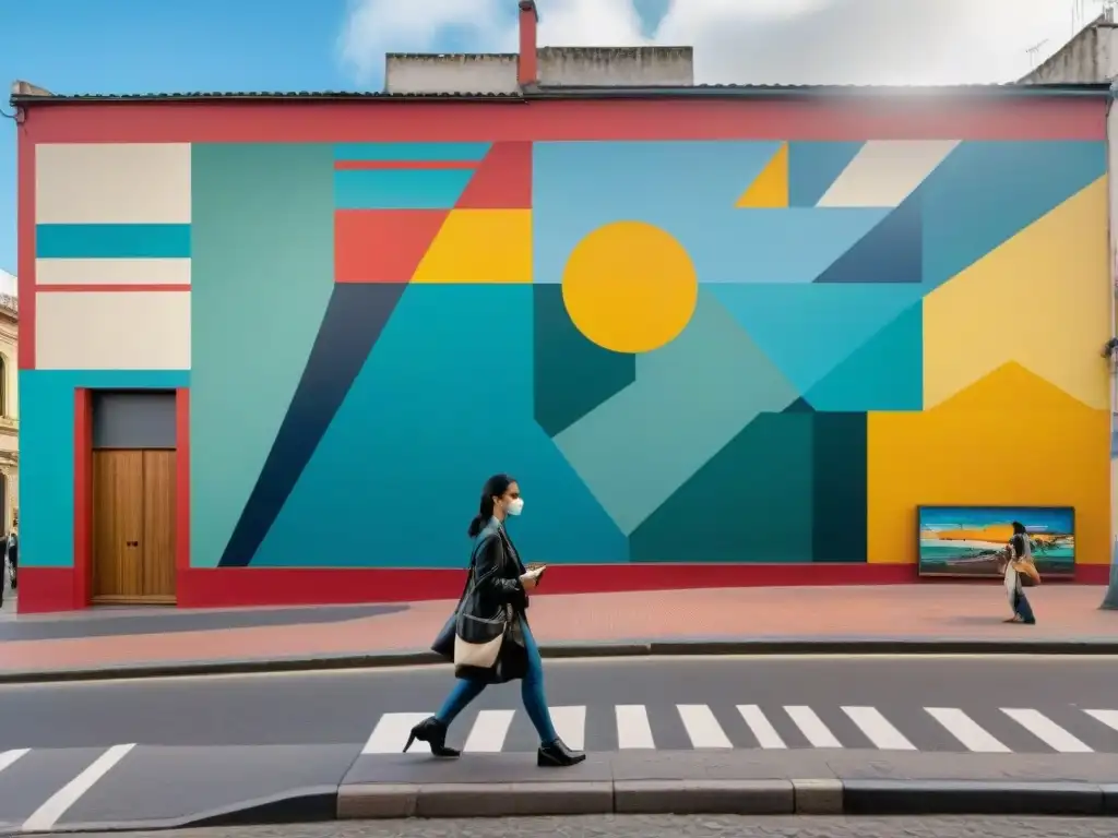 'Vibrante mural abstracto en la calle, admirado por espectadores