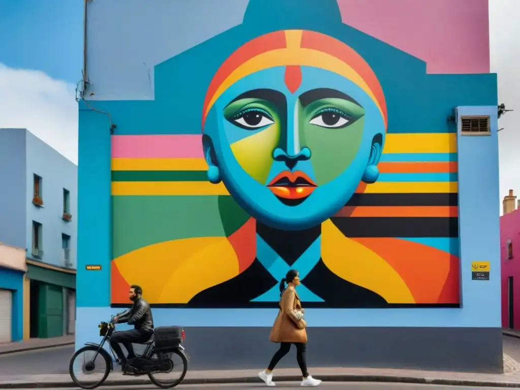 Vibrante mural de arte callejero en Montevideo, Uruguay, con una mezcla dinámica de colores y formas