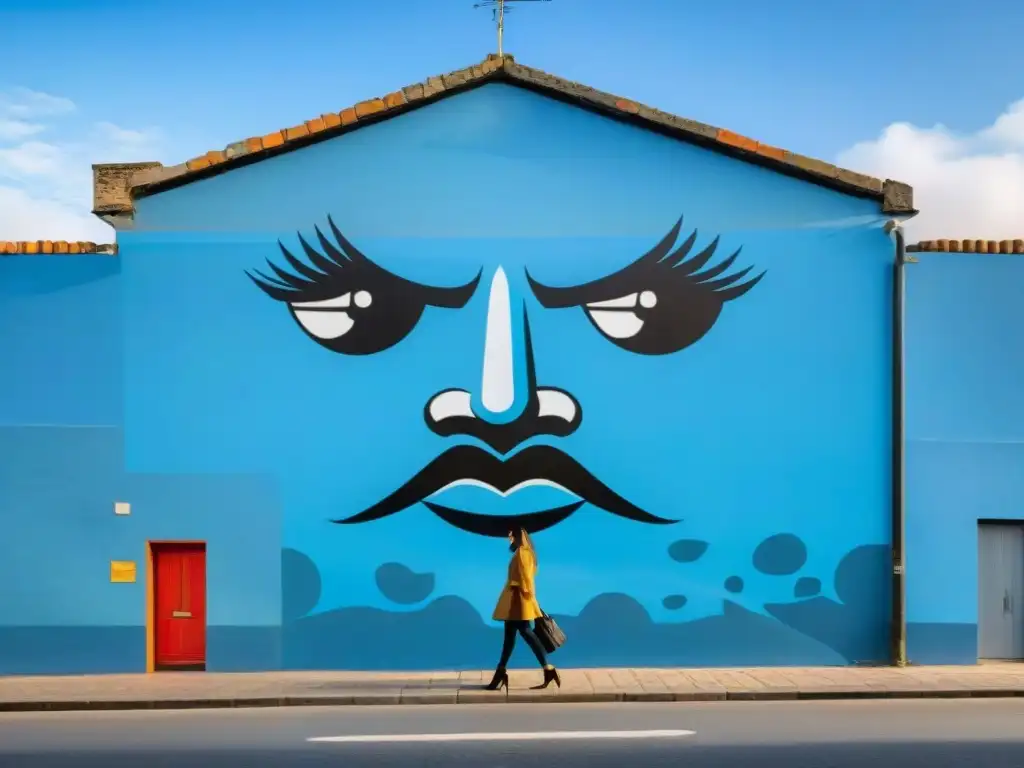 Vibrante mural de arte callejero en Uruguay, con colores audaces y detalles abstractos bajo cielo azul