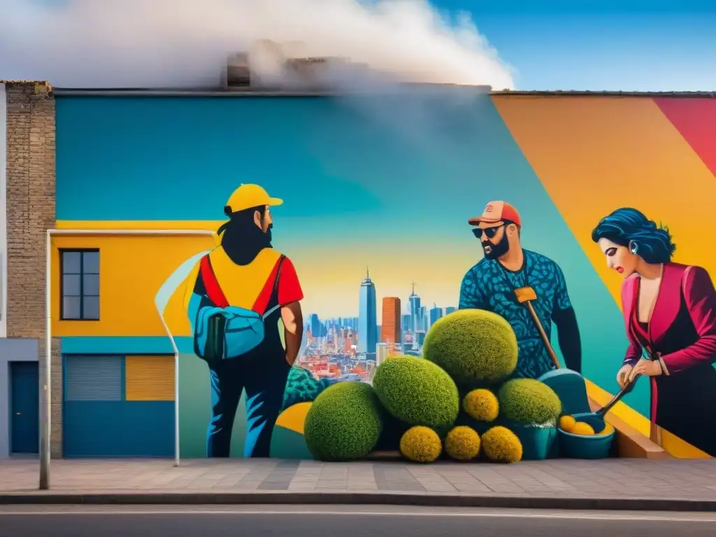 Un vibrante mural de arte contemporáneo uruguayo desafíos actuales, fusionando tradición y modernidad en paisajes urbanos y elementos naturales
