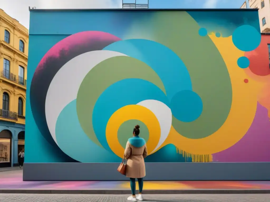 Vibrante mural de arte contemporáneo uruguayo en espacio público con patrones geométricos y formas abstractas coloridas