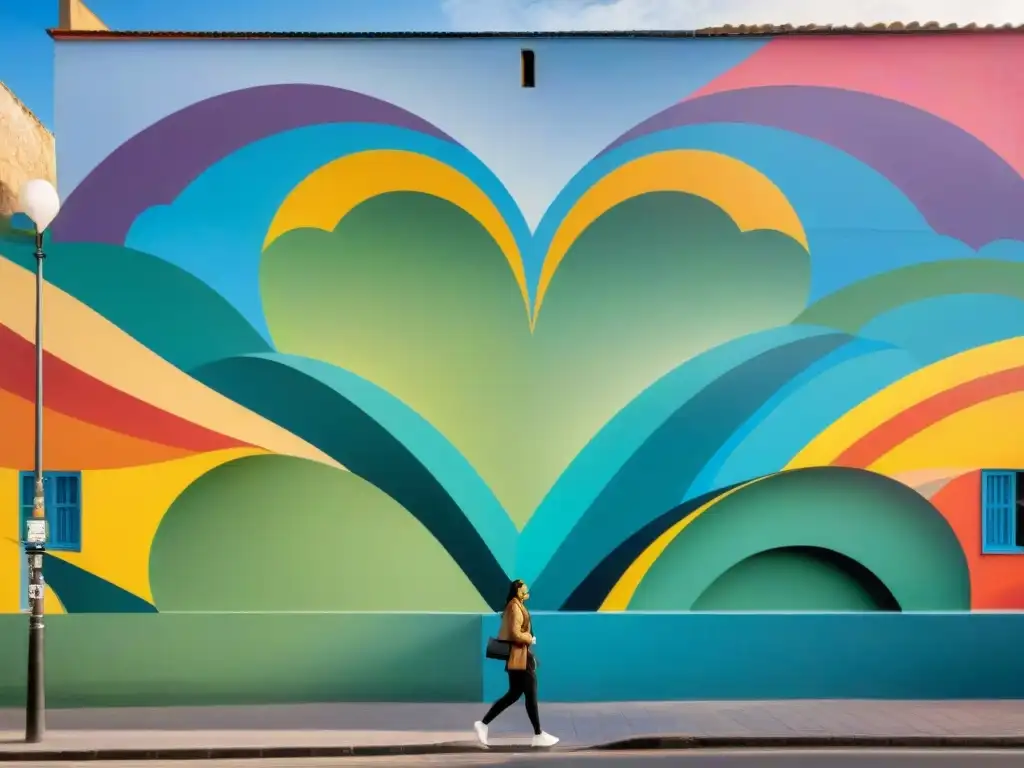 Vibrante mural de arte contemporáneo uruguayo en Montevideo, fusionando colores y formas en el paisaje urbano