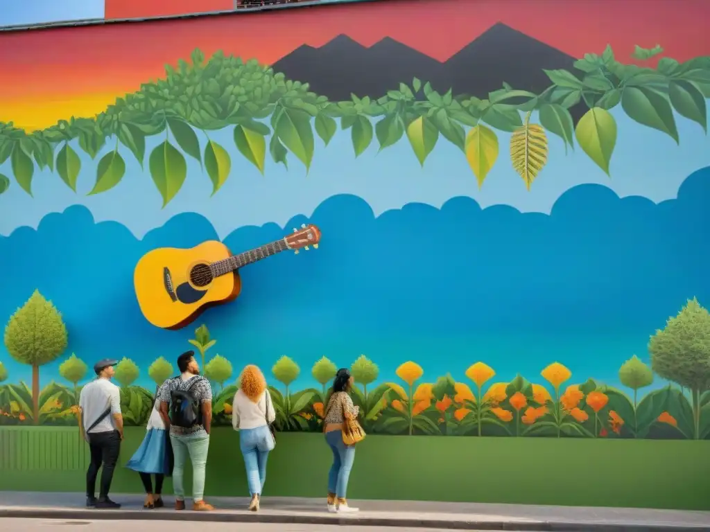 Un vibrante mural de arte contemporáneo uruguayo impacto cultural, donde la comunidad diversa pinta un lienzo colorido bajo el cielo azul