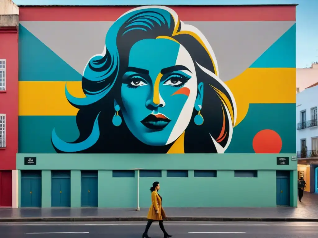 Un vibrante mural de arte contemporáneo en Montevideo, Uruguay, fusionando elementos del cine y el arte urbano