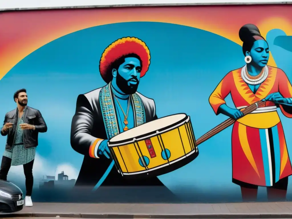 Vibrante mural de arte contemporáneo uruguayo música fusión en Montevideo