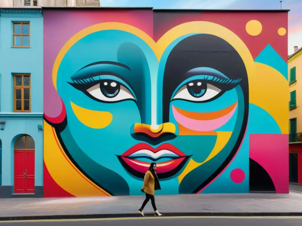 Un vibrante mural de arte contemporáneo en una plaza bulliciosa de la ciudad, que simboliza la inclusión social en Uruguay