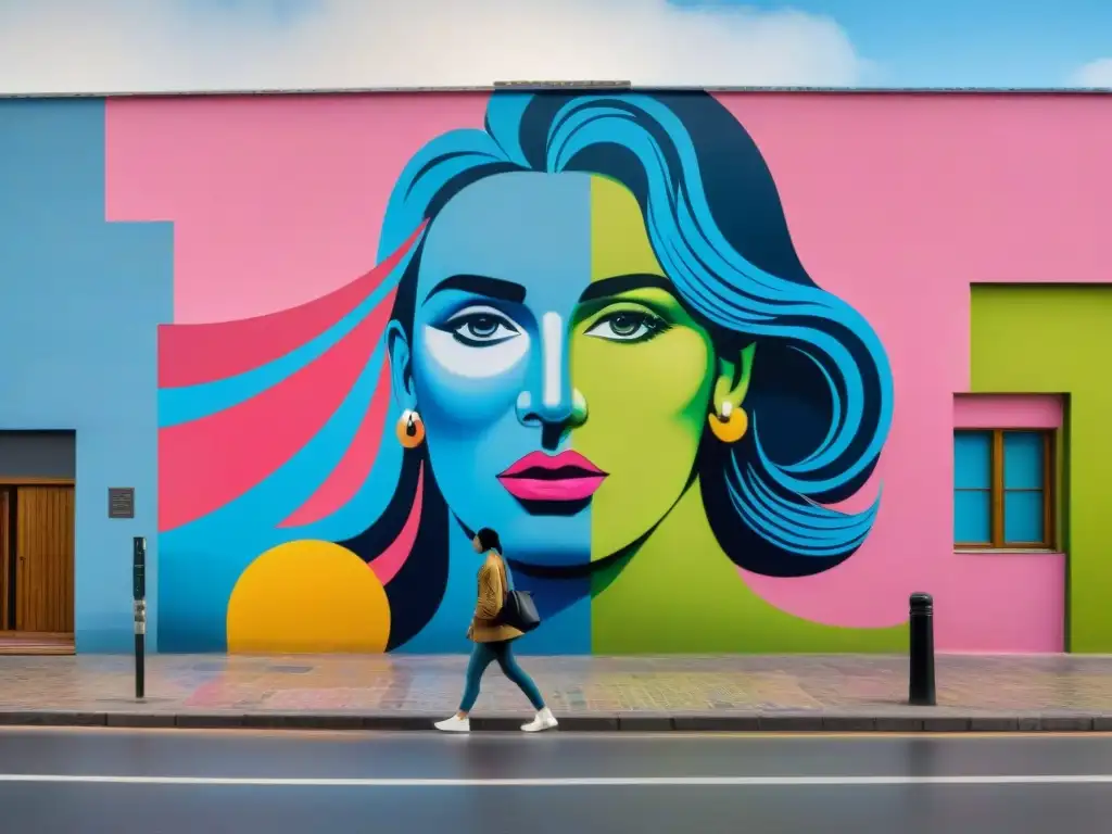 Vibrante mural de arte contemporáneo uruguayo impactando la sociedad con formas y colores modernos en una pared urbana