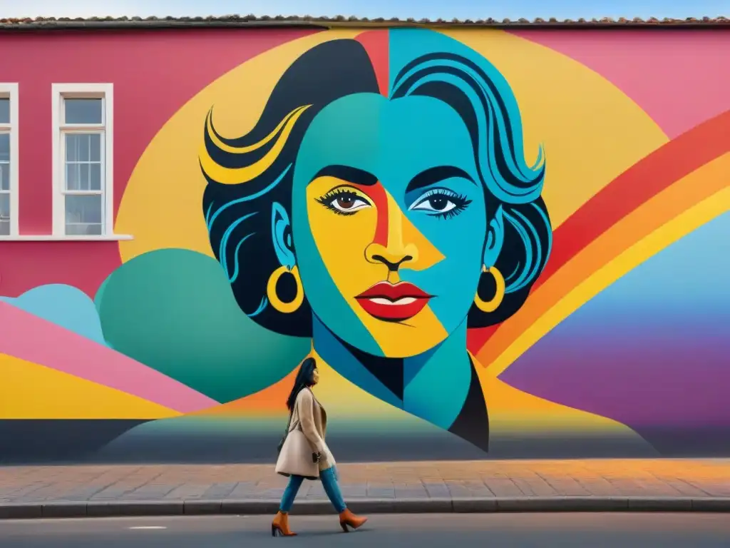 Un vibrante mural de arte inclusivo en Uruguay, donde personas diversas disfrutan de diversas formas artísticas juntas, irradiando unidad y creatividad