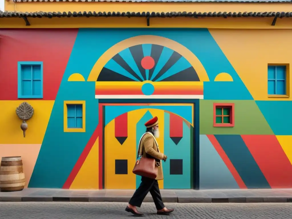 Vibrante mural de arte indígena contemporáneo en Uruguay, fusionando tradición e innovación en la ciudad