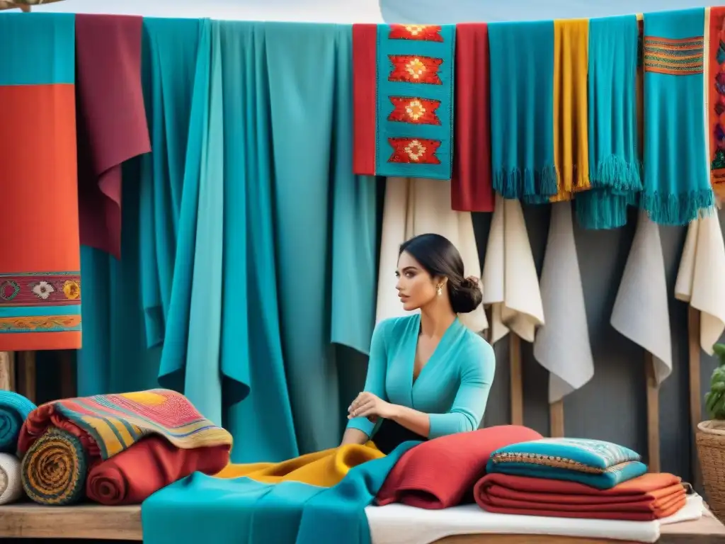 Un vibrante mural de arte textil en un bullicioso mercado uruguayo, fusionando técnicas tradicionales y diseños modernos