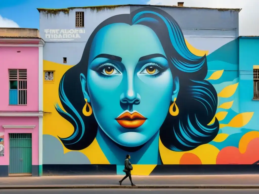 Un vibrante mural de arte urbano en un edificio abandonado en Uruguay, simbolizando la transformación de espacios