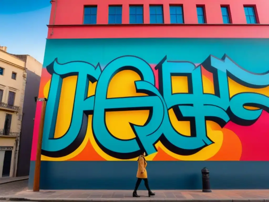 Un vibrante mural de arte urbano en Montevideo, Uruguay, con colores intensos y detalles intricados