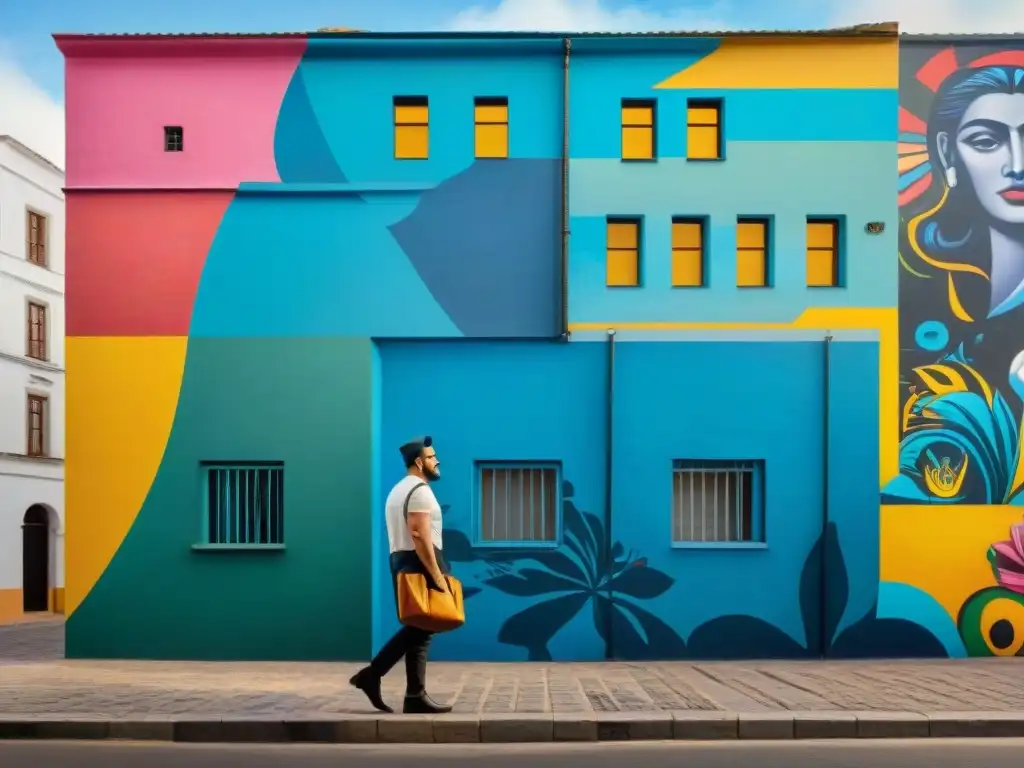 Vibrante mural de arte uruguayo con colores intensos y figuras simbólicas, reflejo de la crítica artística en plataformas de cursos