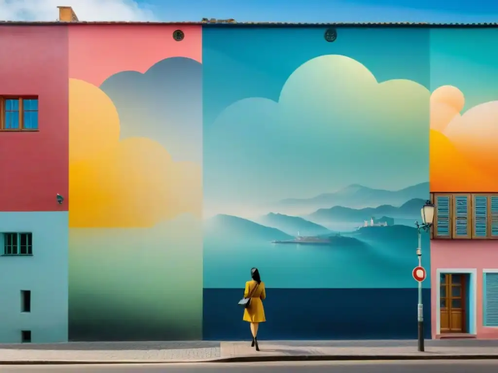 Un vibrante mural en Montevideo, Uruguay, muestra artistas colaborando en una obra que mezcla elementos tradicionales y contemporáneos, simbolizando la rica diversidad cultural de las colaboraciones artísticas en Uruguay