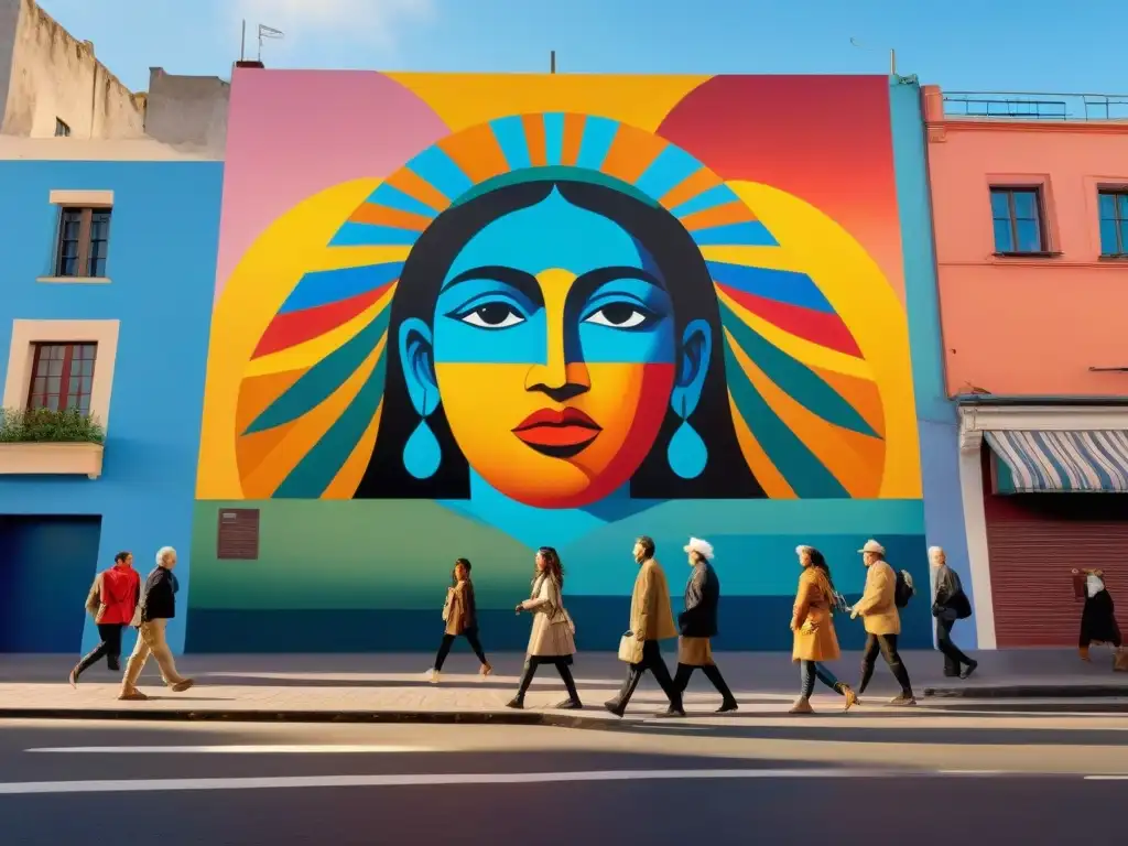 Un vibrante mural en Montevideo con artistas uruguayos colaborando, simbolizando unidad y creatividad