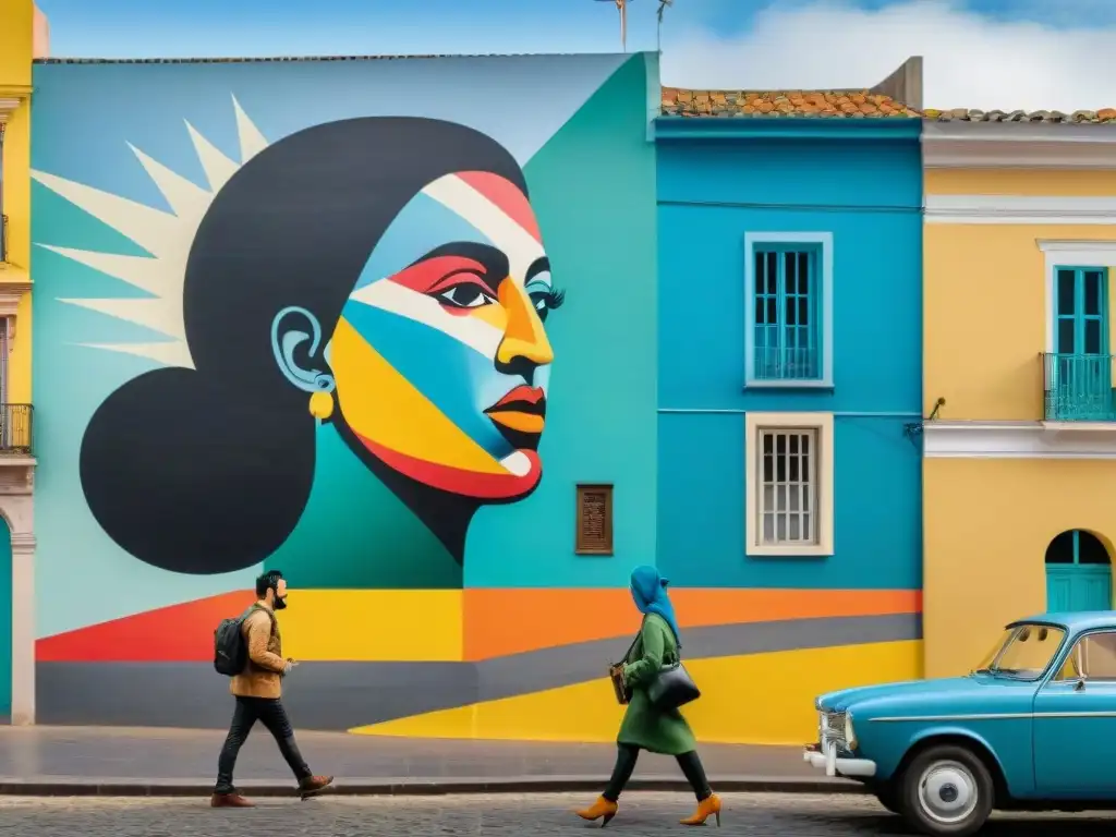 Un vibrante mural callejero en Montevideo, Uruguay, muestra la colaboración de colectivos artísticos en una obra maestra