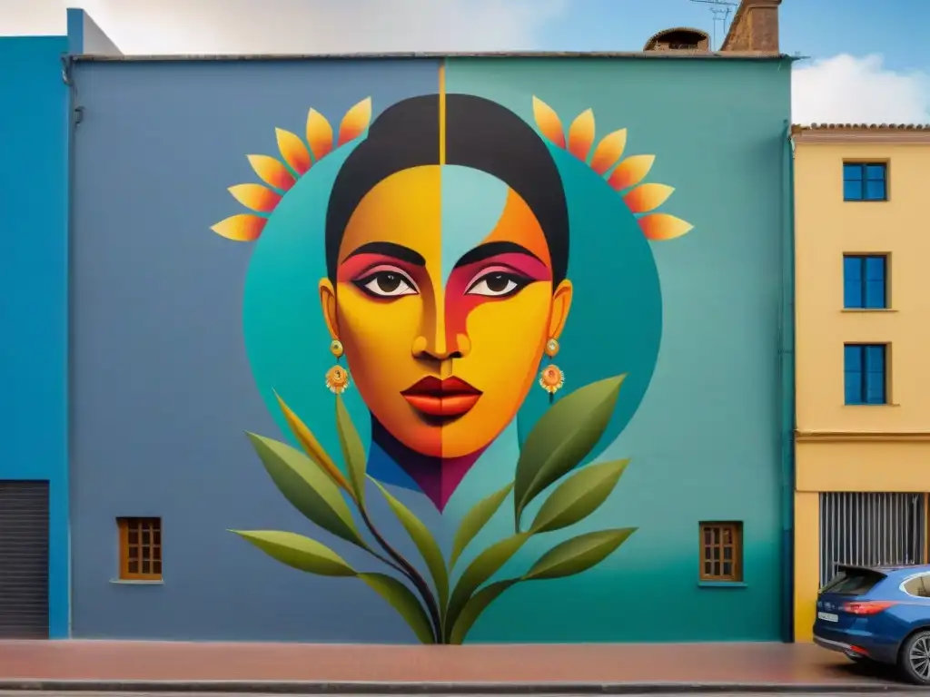 Vibrante mural callejero en Montevideo, Uruguay, fusionando colores y patrones en una obra de arte contemporáneo