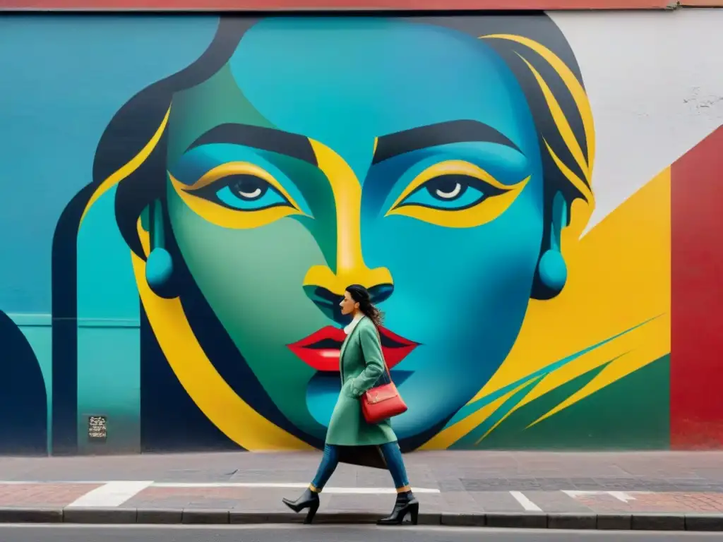 Un vibrante mural callejero en Montevideo, Uruguay, con colores intensos y formas geométricas, reflejando el arte contemporáneo uruguayo online