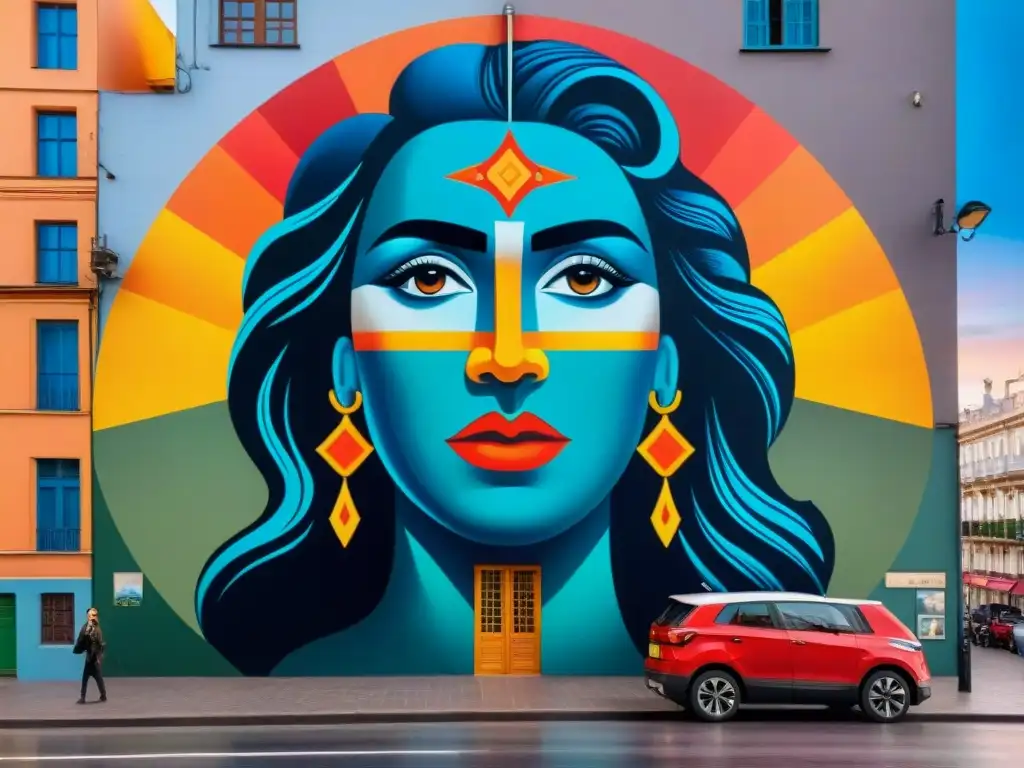 Un vibrante mural callejero en Montevideo que refleja la diversidad y unidad, con detalles intrincados y colores audaces