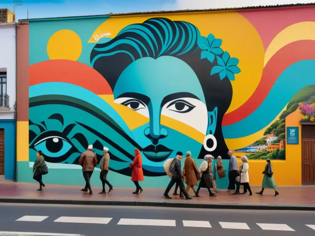 Vibrante mural callejero en Montevideo, Uruguay, reflejando la diversidad y participación en proyectos comunitarios de arte contemporáneo