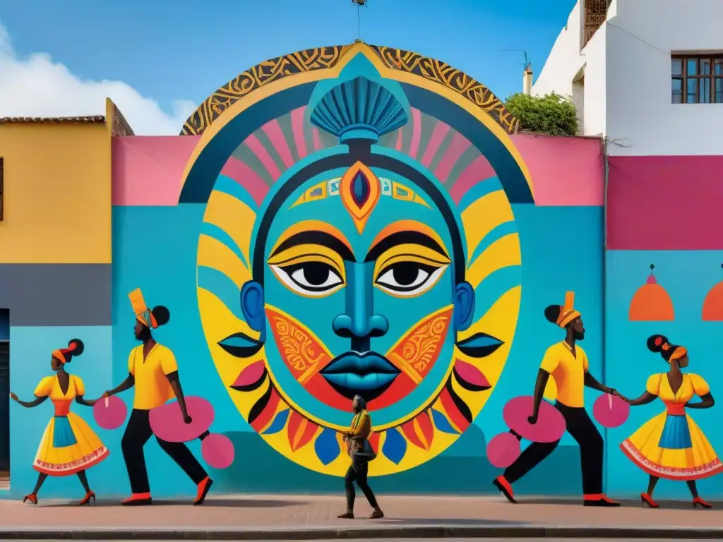 Un vibrante mural callejero en Montevideo fusiona elementos africanos y uruguayos, destacando la influencia afrouruguaya en arte contemporáneo