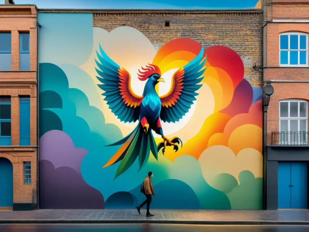 Vibrante mural callejero en Montevideo, Uruguay, con un fénix emergiendo de las cenizas