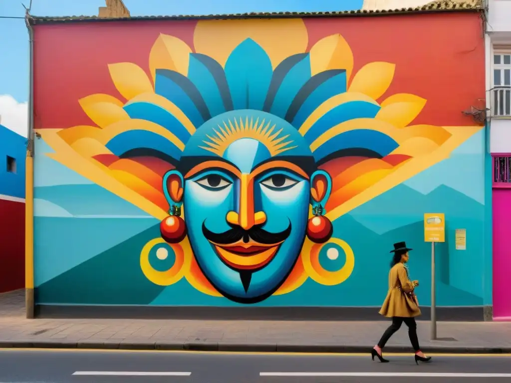 Un vibrante mural callejero en Montevideo, Uruguay, con personajes de la tradición y elementos modernos