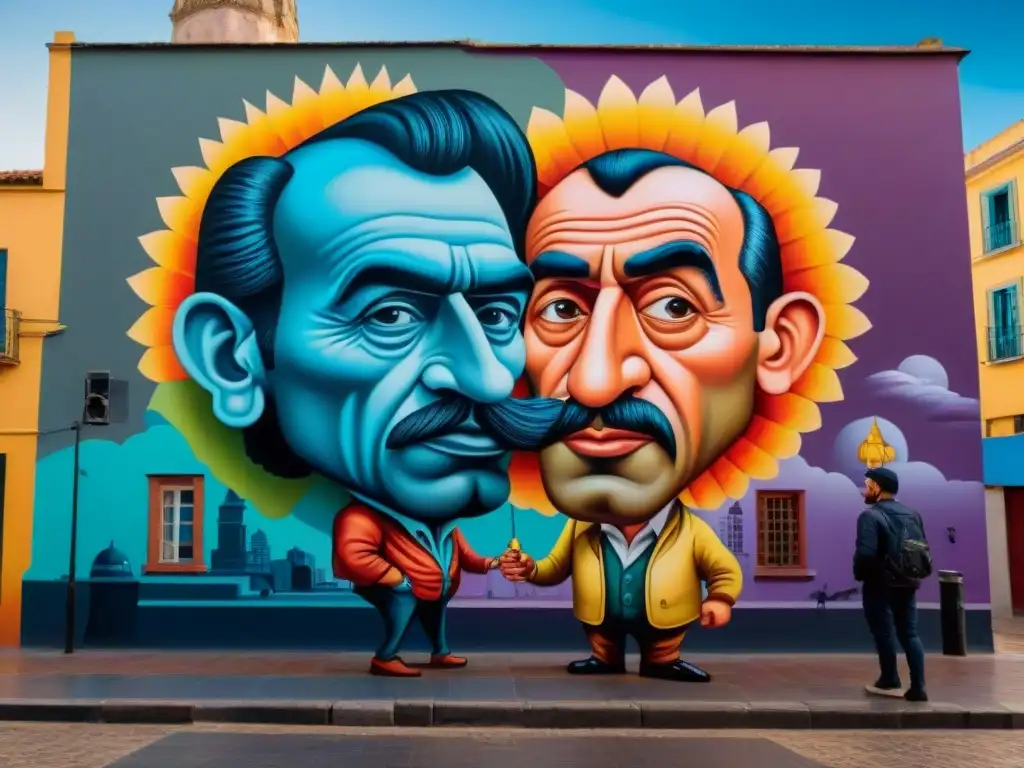 Una vibrante mural callejero en Montevideo, Uruguay, fusionando técnicas tradicionales de caricatura con estilos de arte contemporáneo