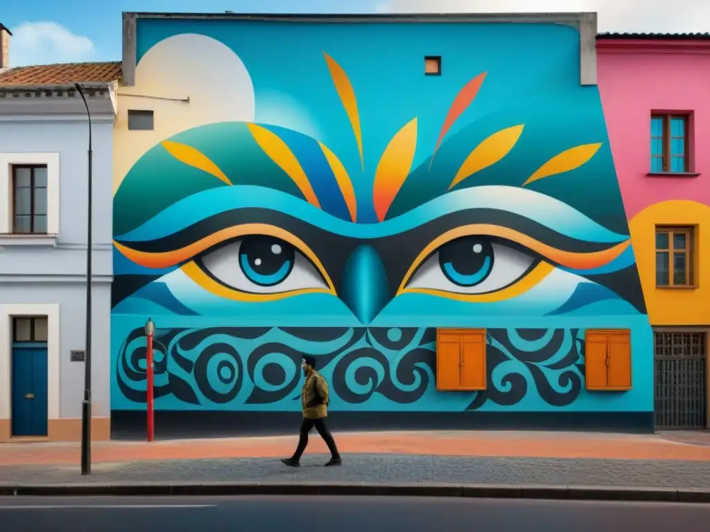 Un vibrante mural callejero en Montevideo, Uruguay, fusionando técnicas tradicionales con estilos de graffiti urbano