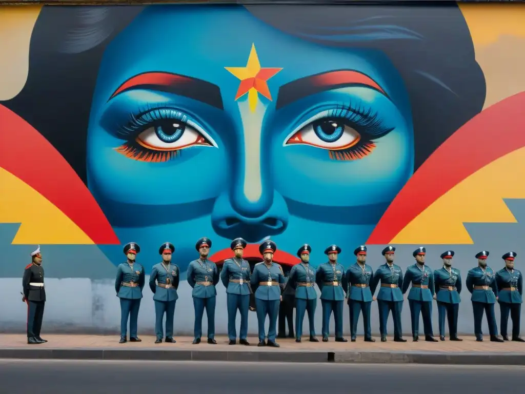 Vibrante mural censurado por figuras opresoras en la dictadura uruguaya, reflejando la lucha por la libertad