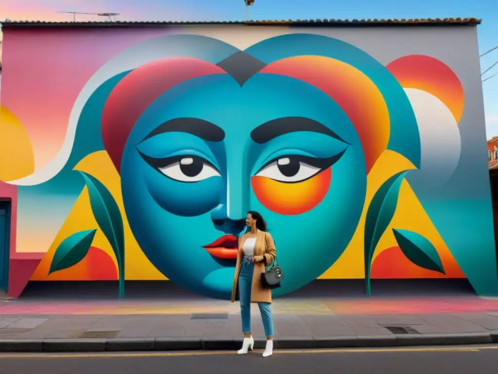 Un vibrante mural colaborativo de artistas uruguayos en escena global, con formas abstractas y colores audaces