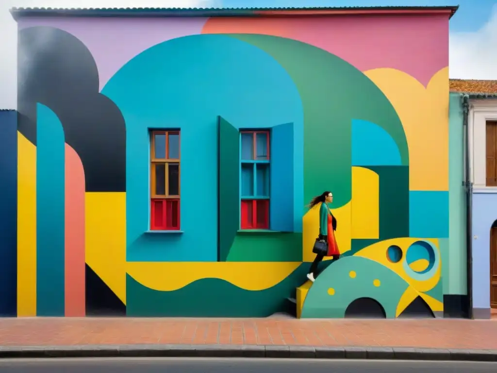 Un vibrante mural en Montevideo, Uruguay, fusionando colores audaces y detalles intrincados que narran la historia del arte contemporáneo en Uruguay