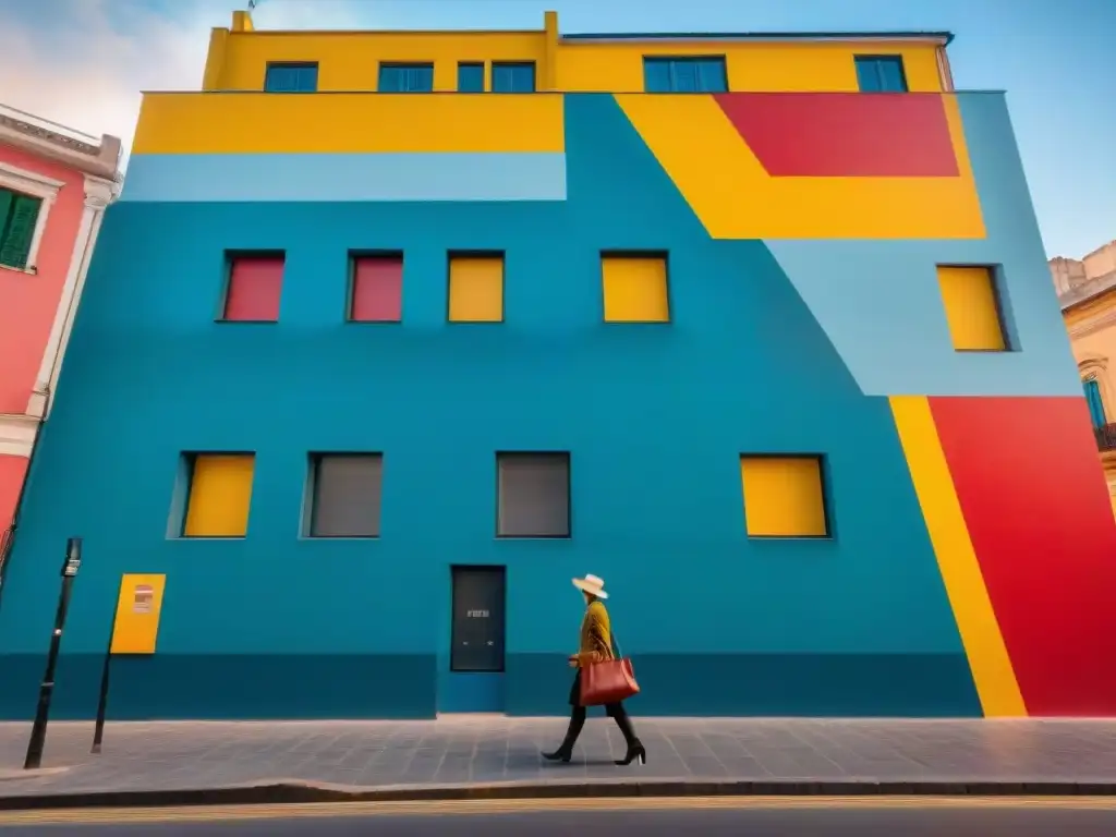 Vibrante mural en Montevideo, Uruguay, muestra geometría y colores primarios del Constructivismo arte contemporáneo Uruguay