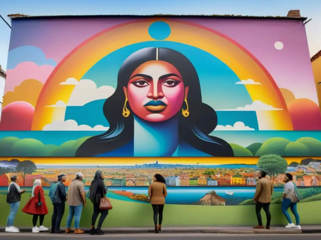 Un vibrante mural comunitario en Uruguay, reflejando la diversidad y creatividad de artistas locales de todas las edades y orígenes, mostrando símbolos culturales y figuras históricas en una obra maestra a gran escala