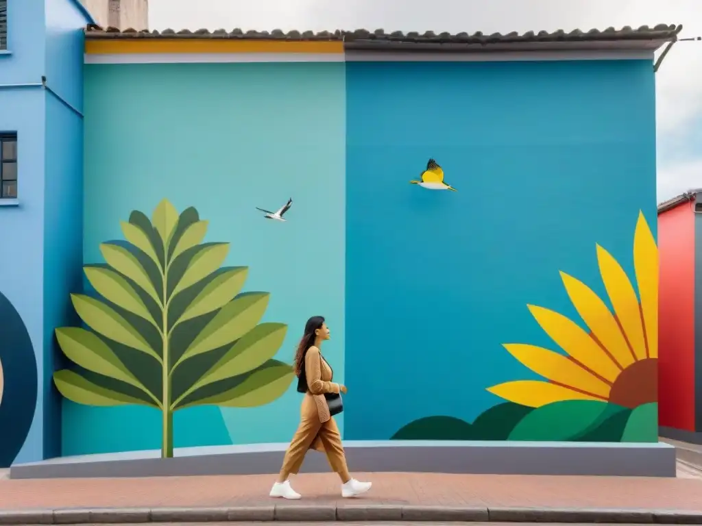 Un vibrante mural en una concurrida calle de la ciudad destaca la flora y fauna nativa de Uruguay, entrelazada con patrones geométricos coloridos que representan la sostenibilidad y armonía con la naturaleza