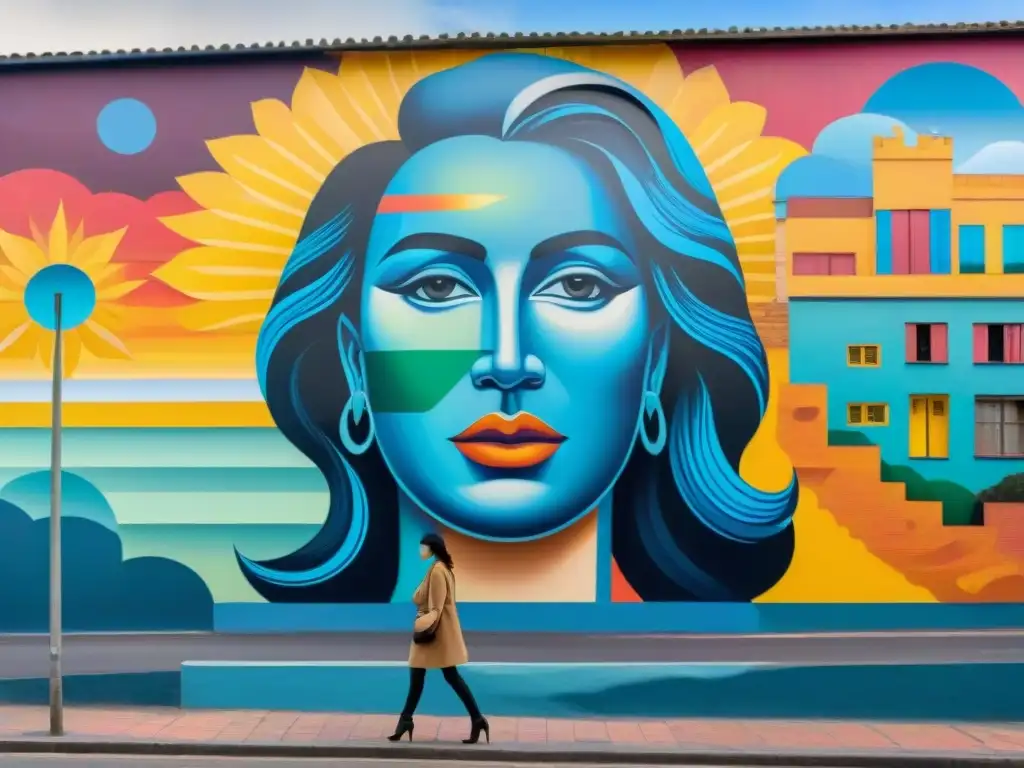 Un vibrante mural en una concurrida calle de Uruguay, fusionando arte tradicional y contemporáneo en proyectos comunitarios