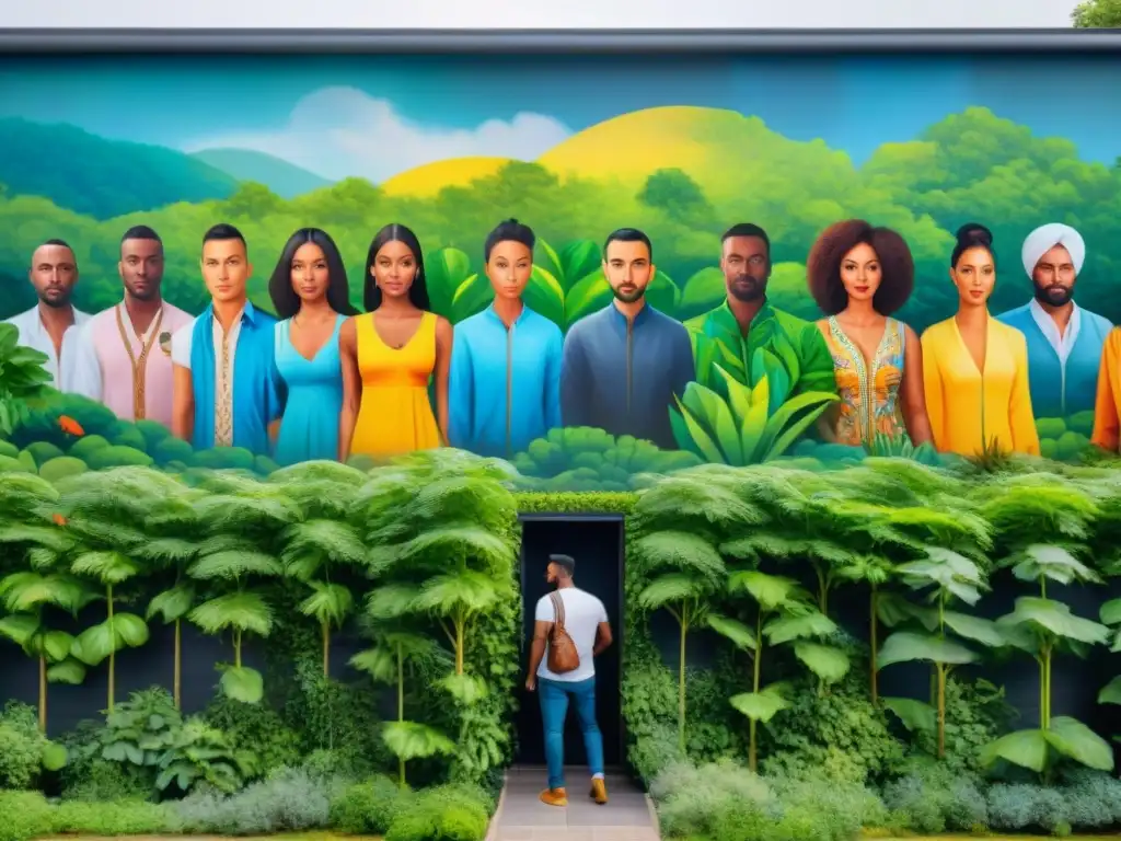 Un vibrante mural representa la diversidad cultural en armonía, rodeada de naturaleza exuberante