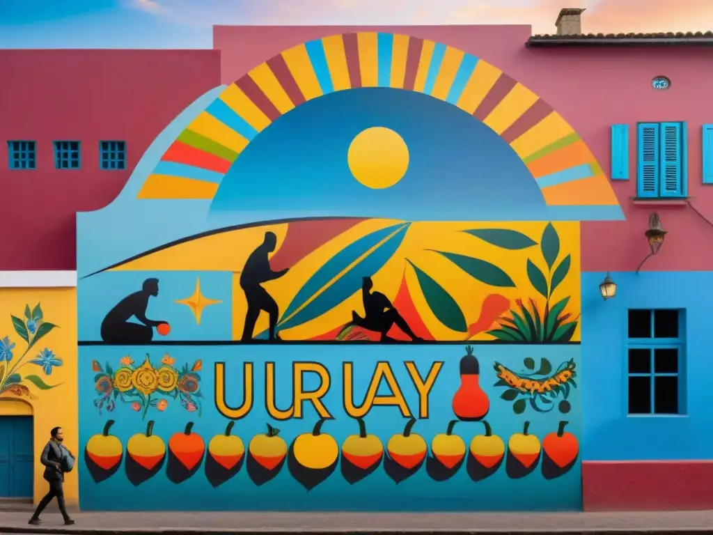 Un vibrante mural que muestra la diversidad cultural de Uruguay en una bulliciosa plaza de mercado