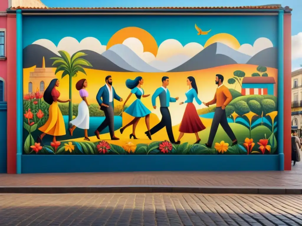 Un vibrante mural en Uruguay con diversidad de personas y elementos de la cultura local