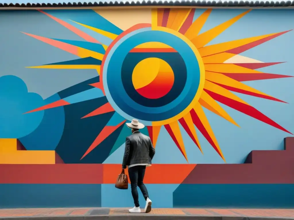 Un vibrante mural que fusiona elementos de la cultura uruguaya con colores y formas geométricas, creando una obra maestra estimulante