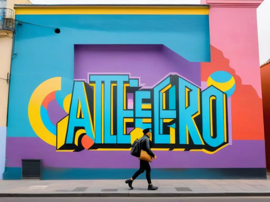 Un vibrante mural que fusiona elementos culturales uruguayos con un toque moderno, destacando esténciles detallados de íconos locales y graffiti llamativo que dice 'Arte Callejero' en tonos coloridos, todo sobre un telón de fondo urbano