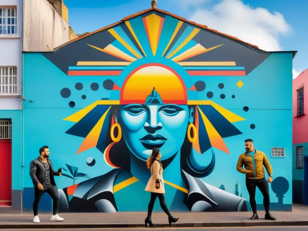 Un vibrante mural que fusiona elementos modernos e históricos, simbolizando el arte urbano contemporáneo en Uruguay