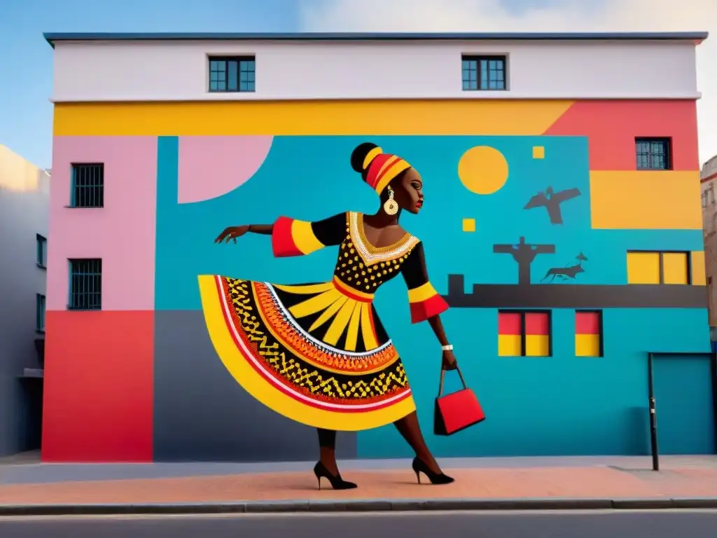 Un vibrante mural fusionando estilos de arte africano y uruguayo contemporáneo