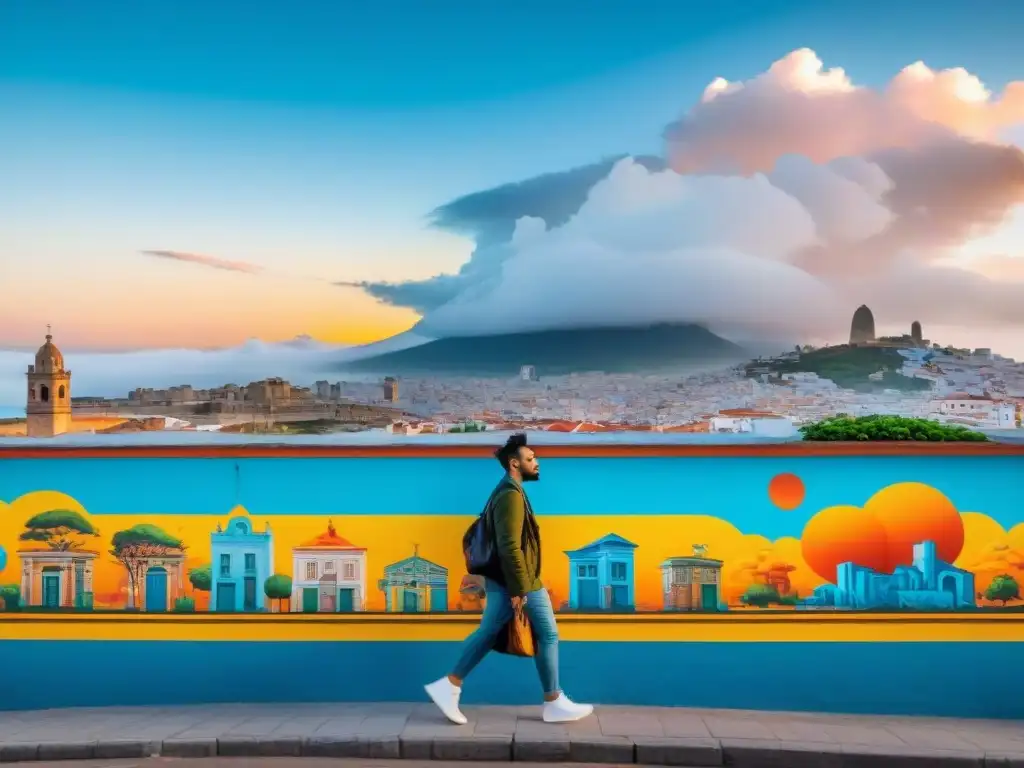 Un vibrante mural en evolución que fusiona formas geométricas con patrones tradicionales en el arte urbano de Uruguay, sobre un telón de fondo de ciudad moderna y cielo azul claro